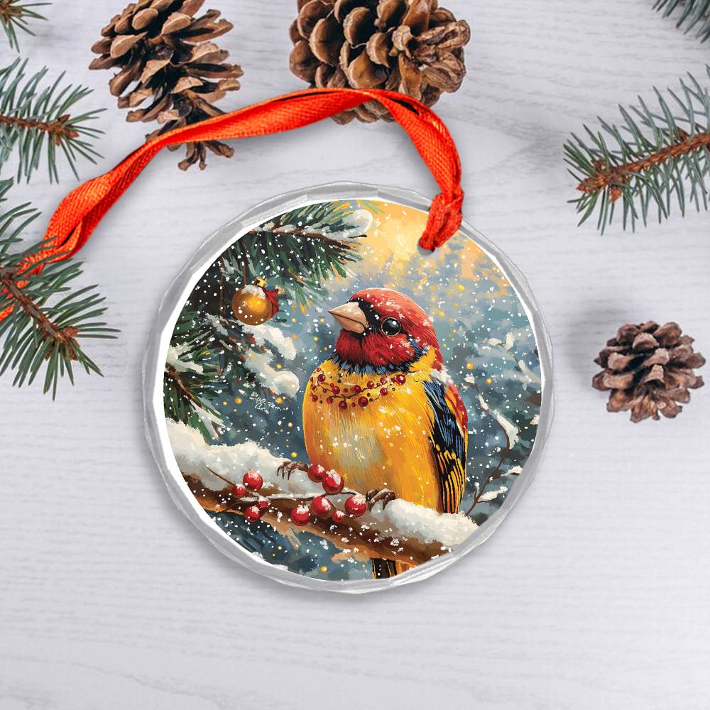 Beautiful Finch Christmas Night Design 1 Glass Ornament