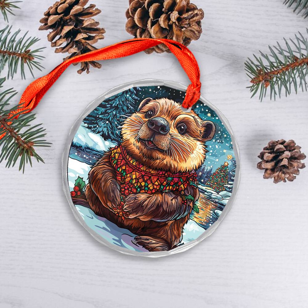 Beautiful Angus Beaver Christmas Night Design 1 Glass Ornament