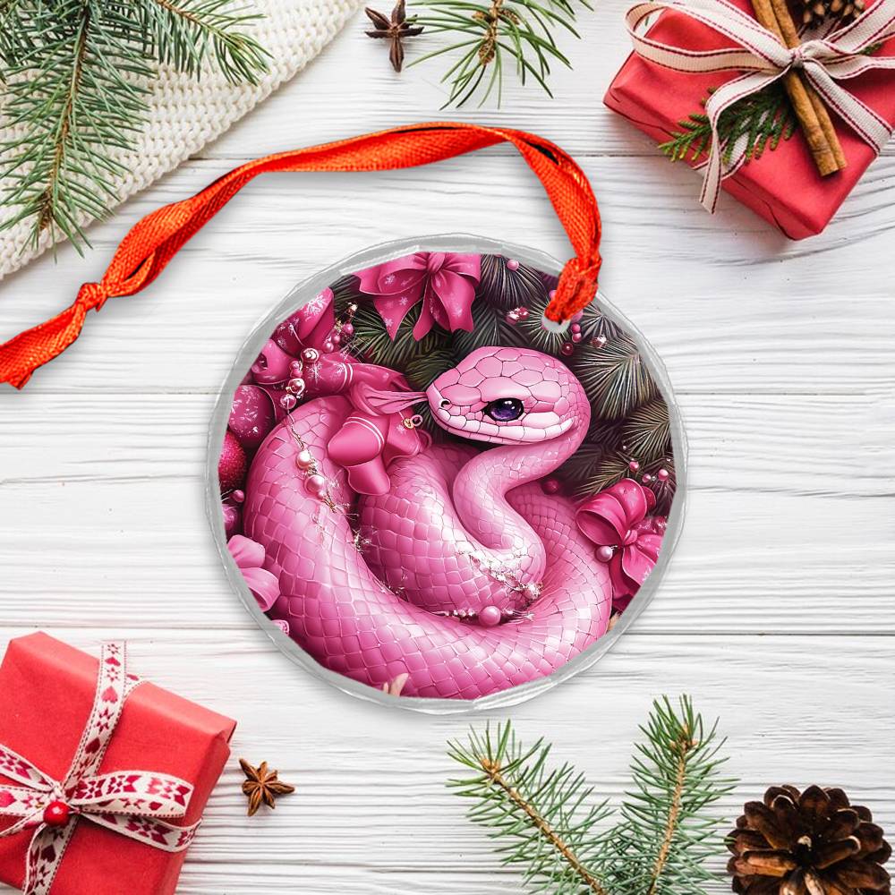 Snake Pink Christmas Design 2 Glass Ornament