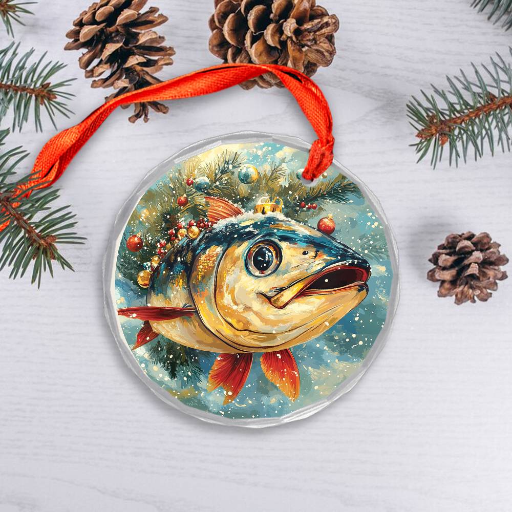 Beautiful Angus Tuna Fish Christmas Night Design 2 Glass Ornament