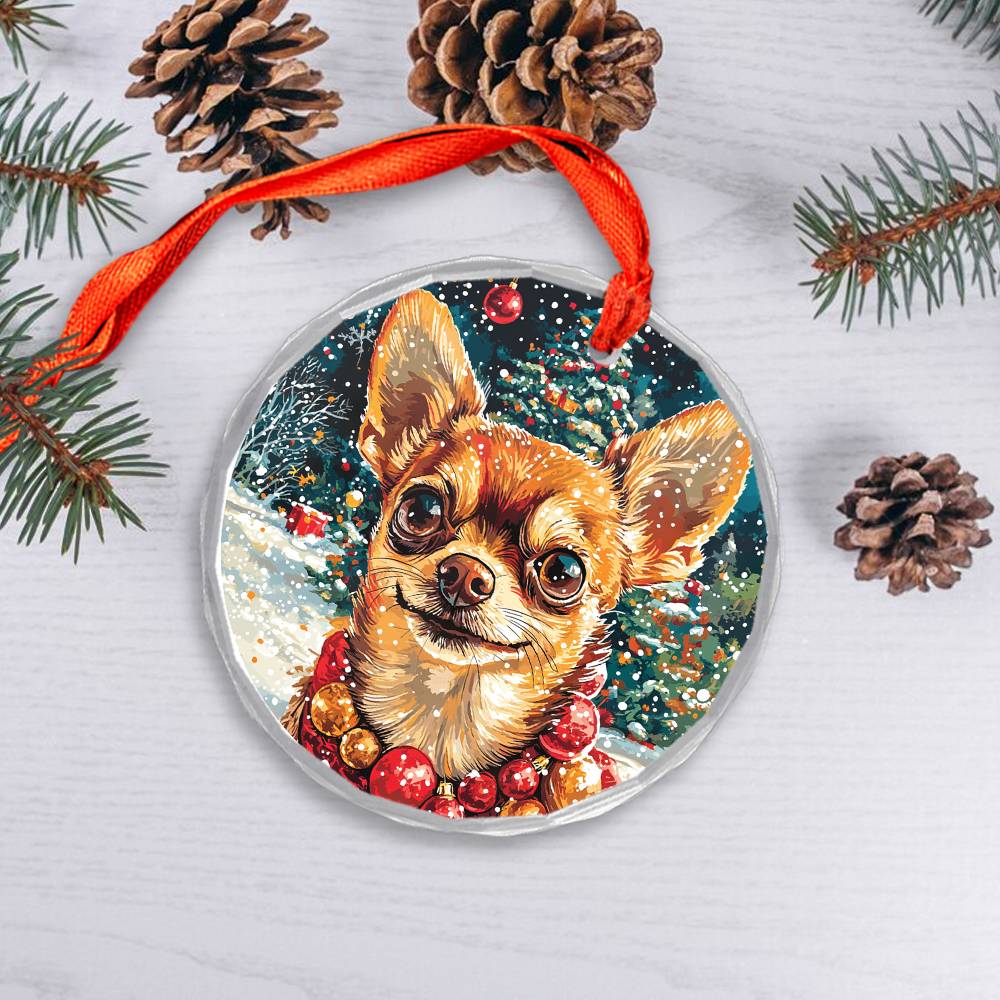 Beautiful Chihuahua Dog Christmas Night Design 3 Glass Ornament
