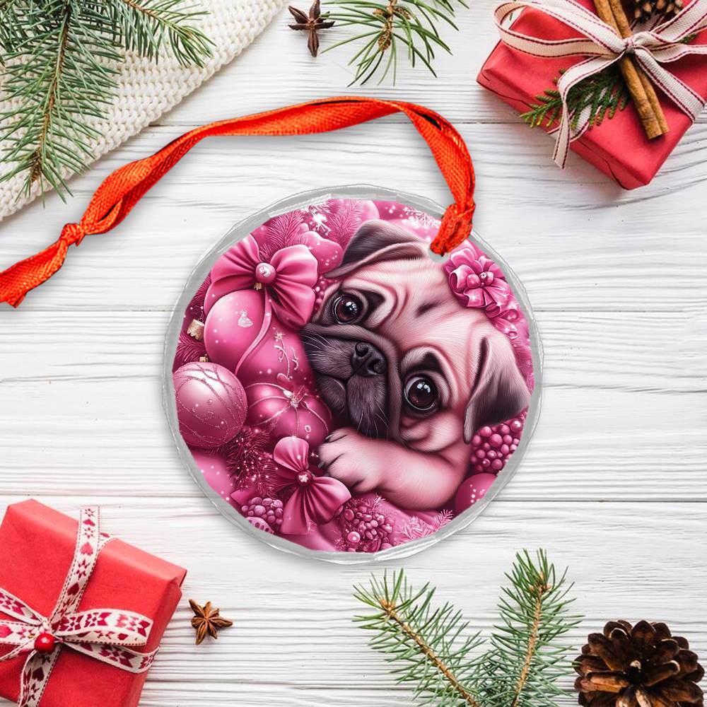 Pug Dog Pink Christmas Design 4 Glass Ornament