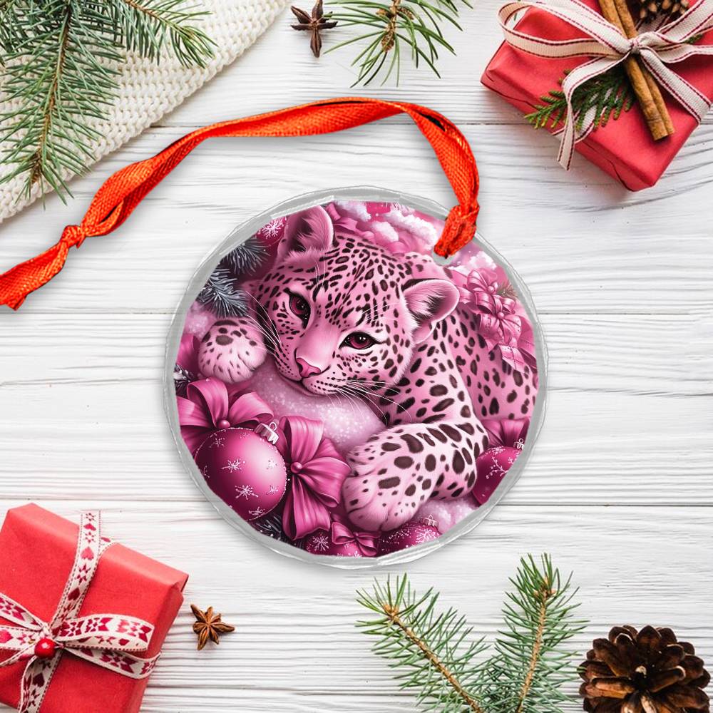 Leopard Pink Christmas Design 2 Glass Ornament