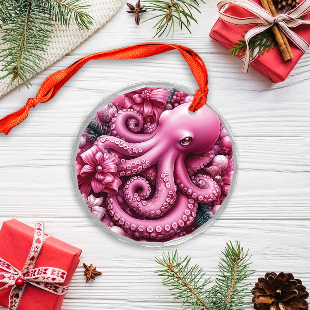 Octopus Pink Christmas Design 1 Glass Ornament