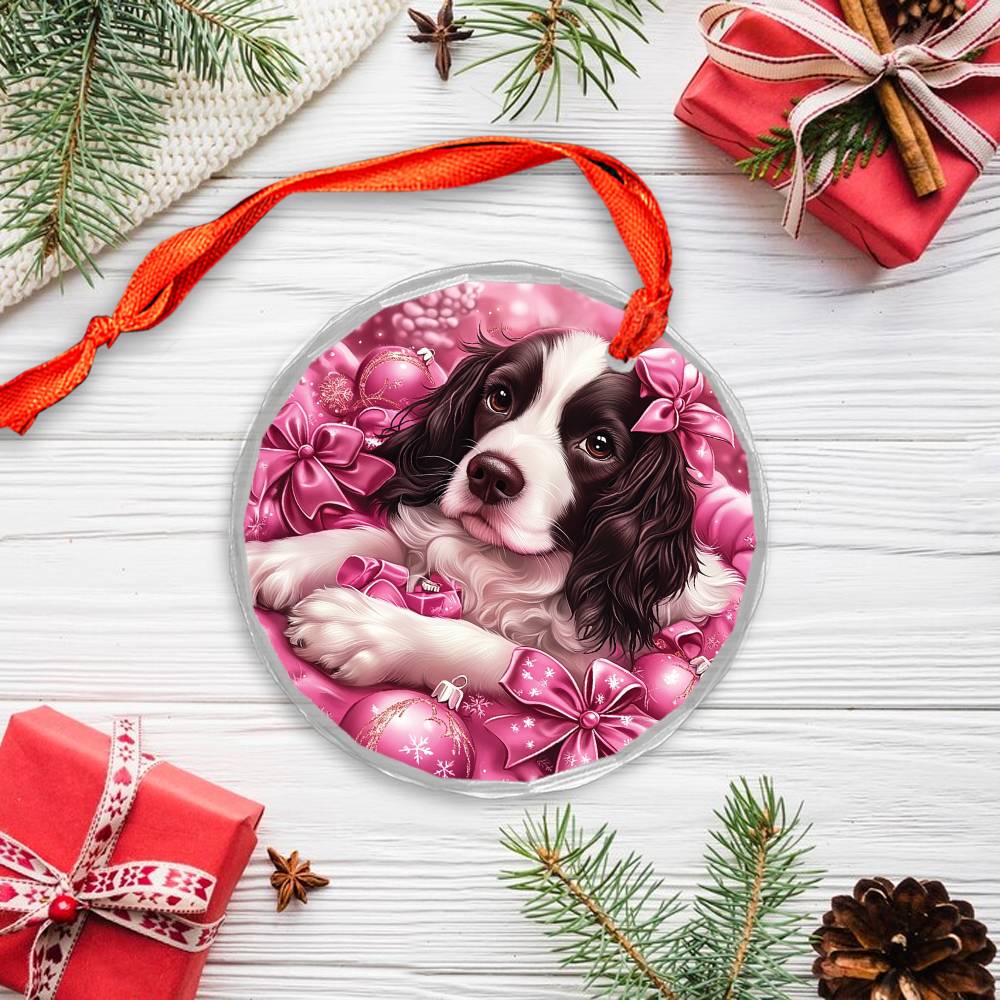 English Springer Spaniel Dog Pink Christmas Design 2 Glass Ornament