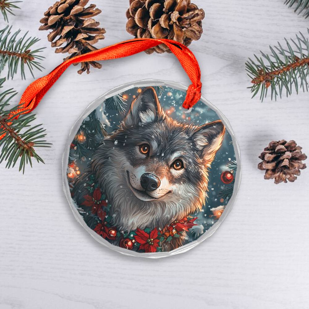 Beautiful Angus Wolf Christmas Night Design 1 Glass Ornament