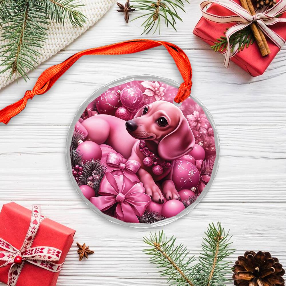 Dachshund Dog Pink Christmas Design 2 Glass Ornament
