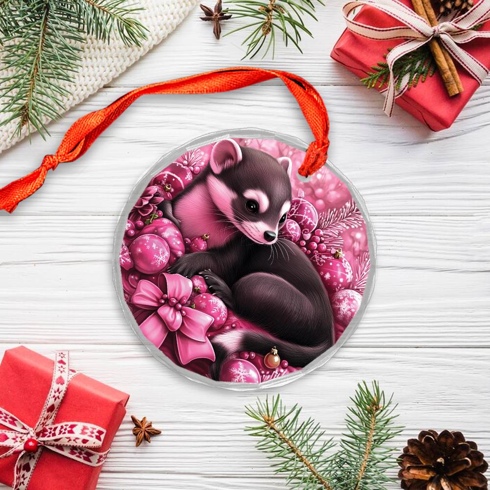 Ferret Pink Christmas Design 1 Glass Ornament