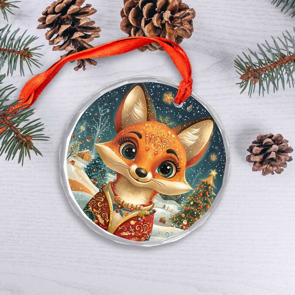 Beautiful Angus Fox Christmas Night Design 4 Glass Ornament