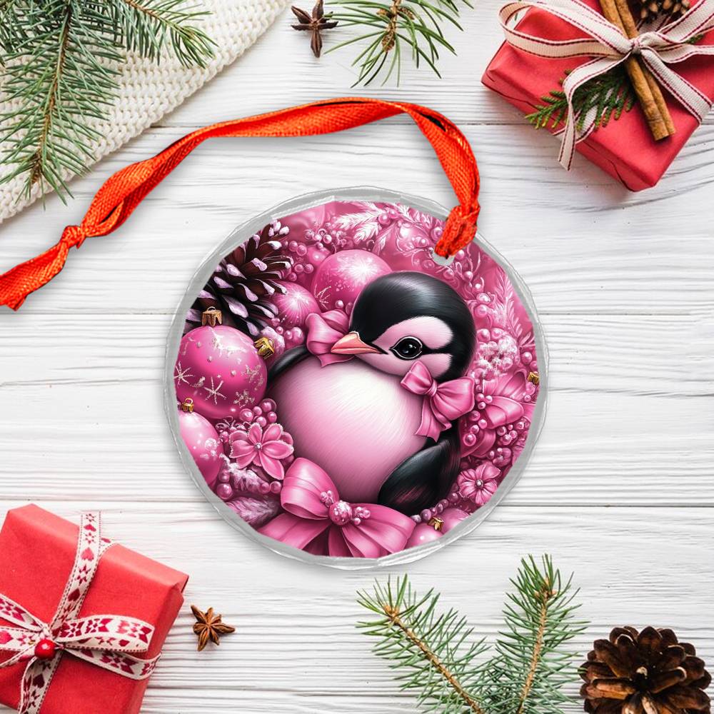Penguin Pink Christmas Design 2 Glass Ornament