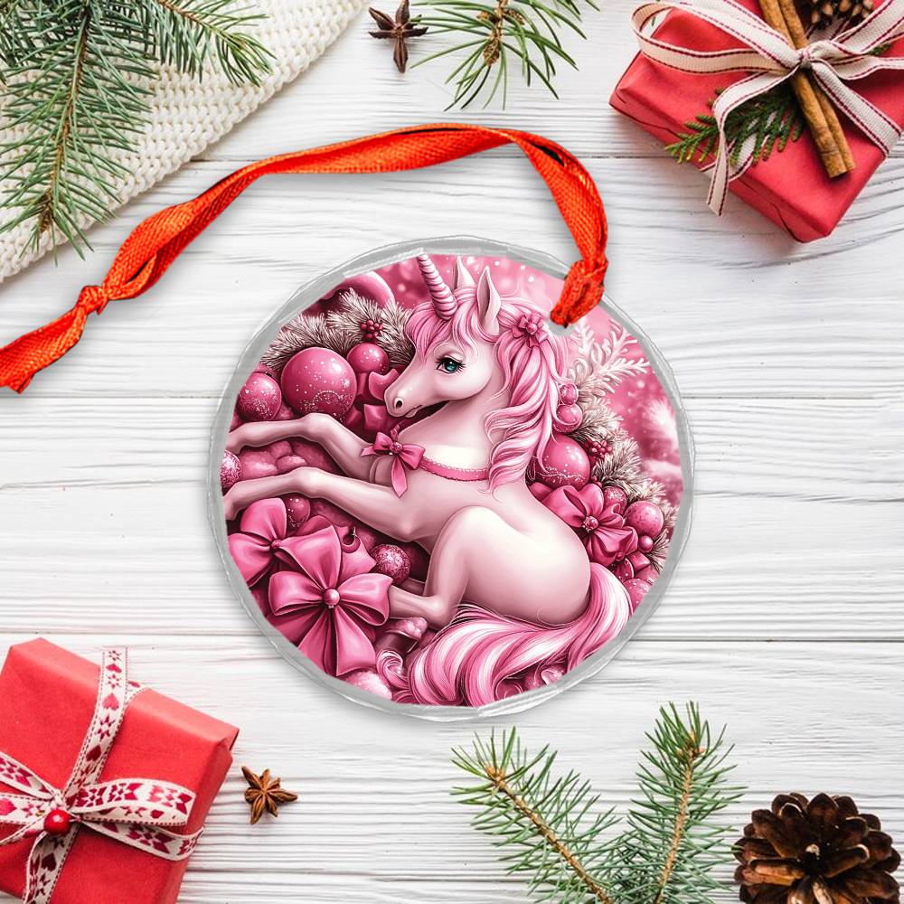 Unicorn Pink Christmas Design 2 Glass Ornament