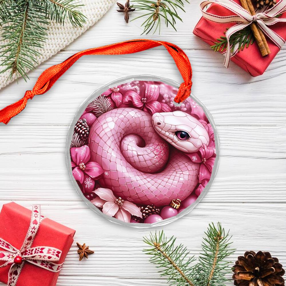 Snake Pink Christmas Design 4 Glass Ornament