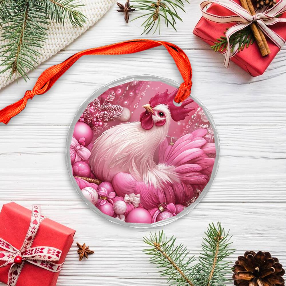 Rooster Pink Christmas Design 1 Glass Ornament