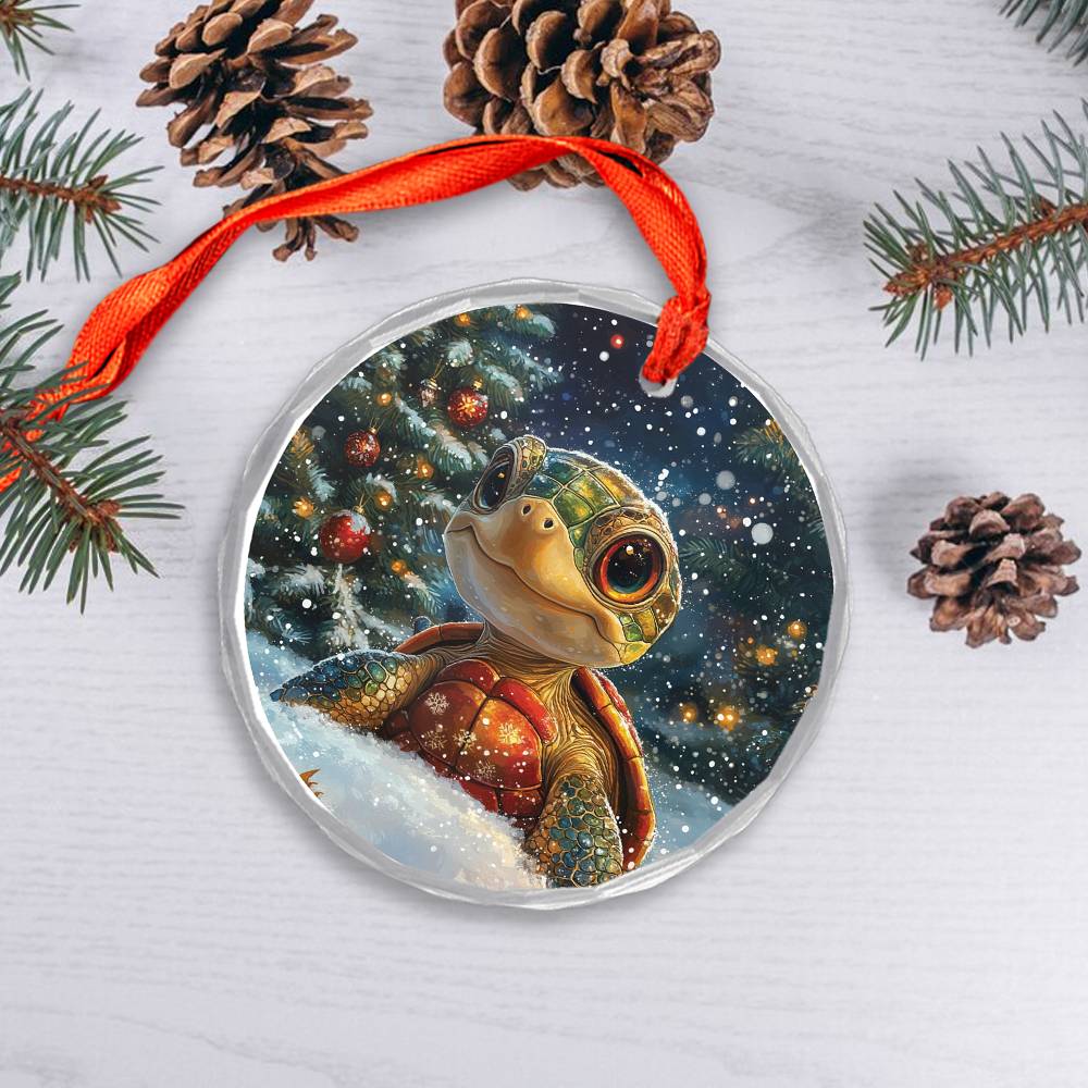 Beautiful Angus Turtle Christmas Night Design 3 Glass Ornament