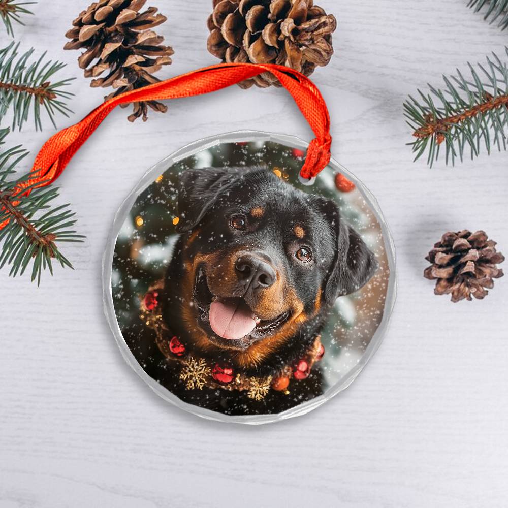 Beautiful Angus Rottweiler Dog Christmas Night Design 2 Glass Ornament