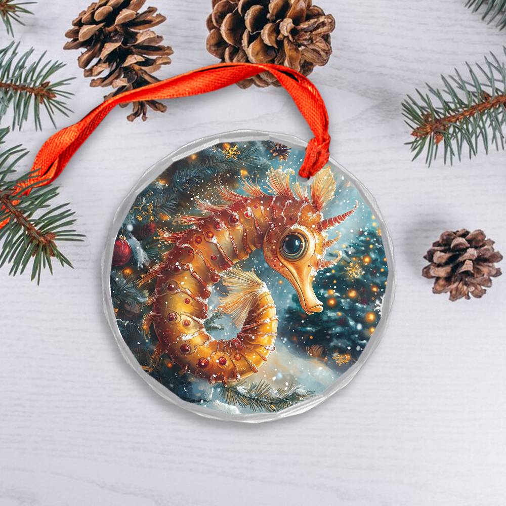 Beautiful Angus Seahorse Christmas Night Design 1 Glass Ornament