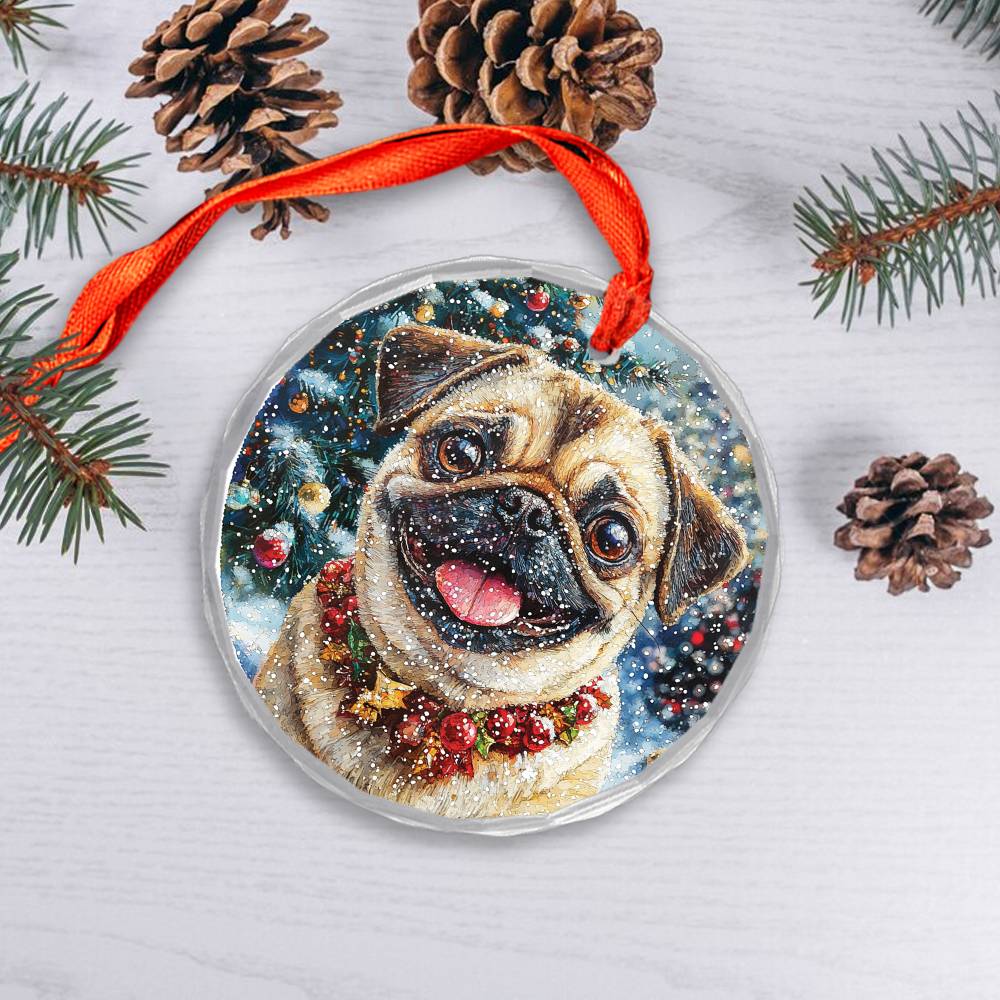 Beautiful Pug Dog Christmas Night Design 4 Glass Ornament