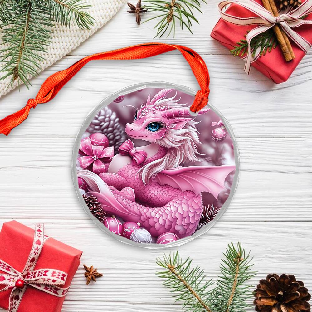 Dragon Pink Christmas Design 2 Glass Ornament