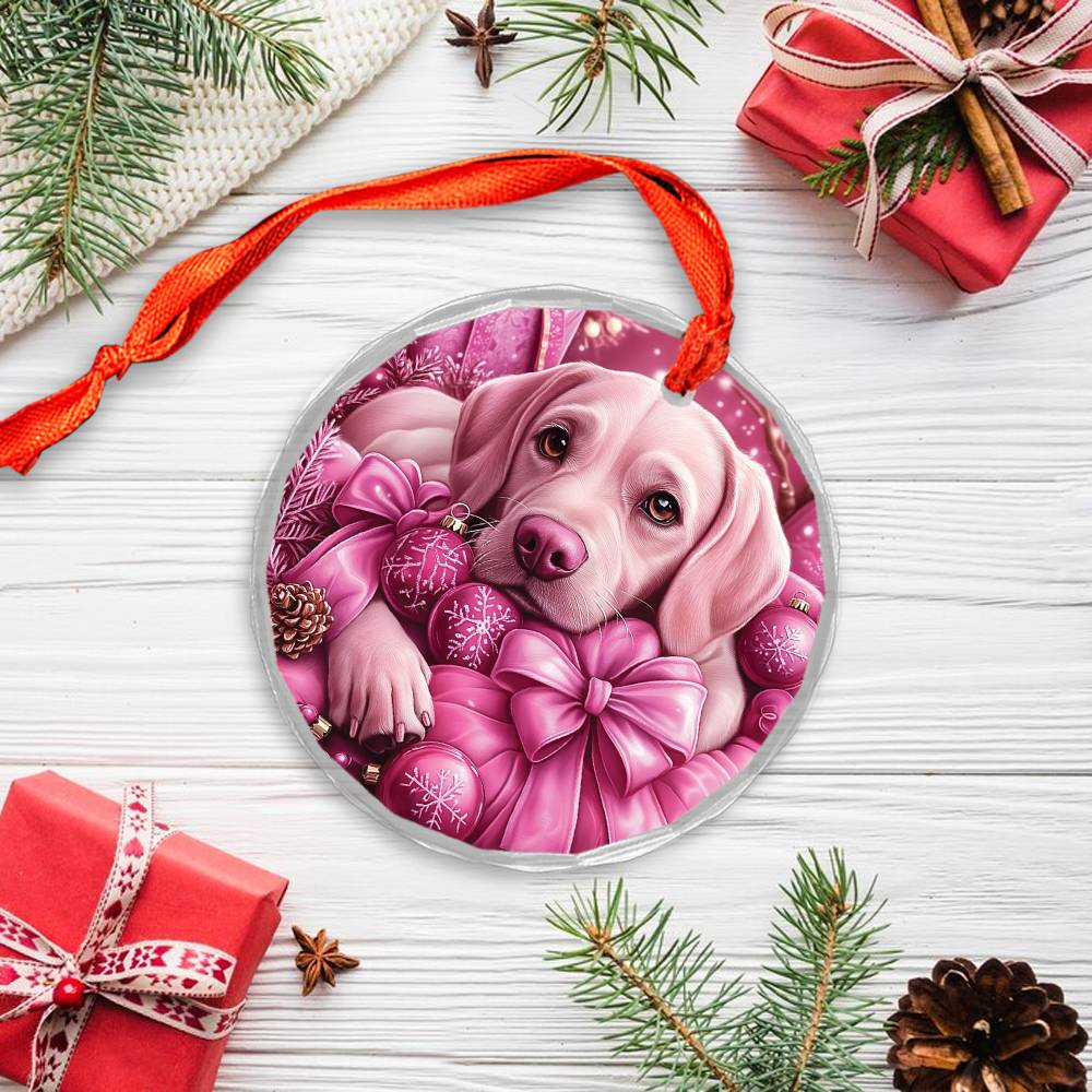 Labrador Retriever Dog Pink Christmas Design 4 Glass Ornament