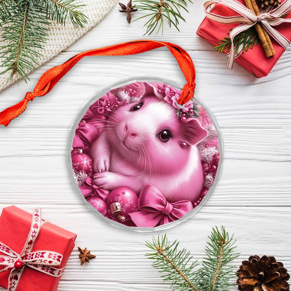 Guinea Pig Pink Christmas Design 3 Glass Ornament