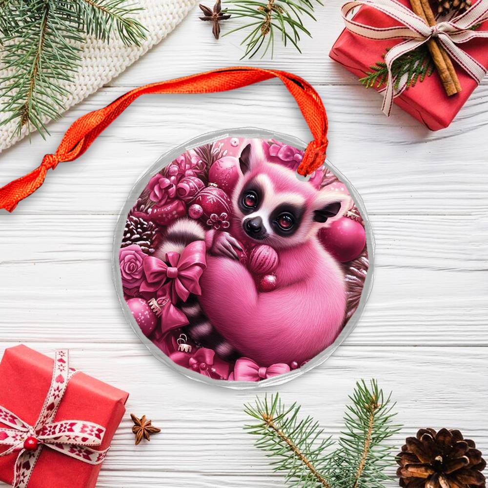 Lemur Pink Christmas Design 2 Glass Ornament