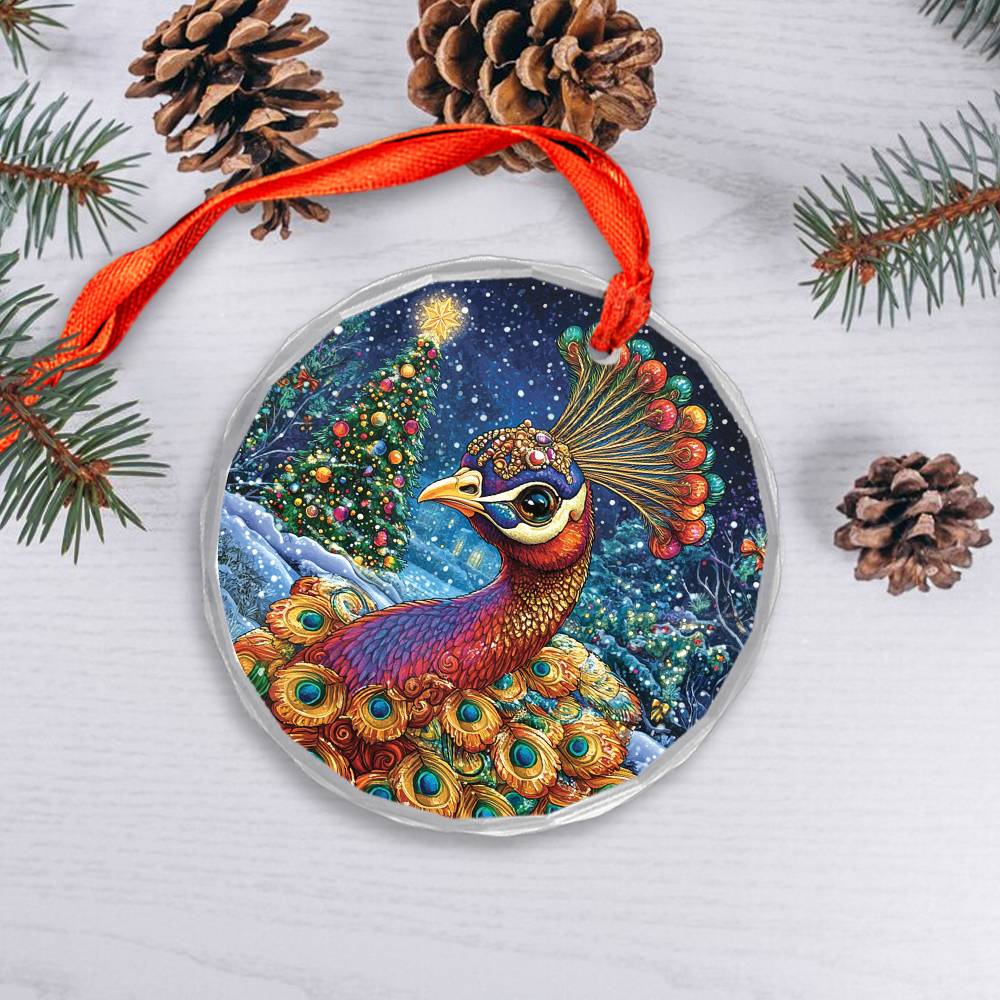 Beautiful Peacock Christmas Night Design 4 Glass Ornament