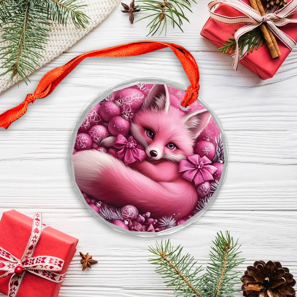 Fox Pink Christmas Design 1 Glass Ornament