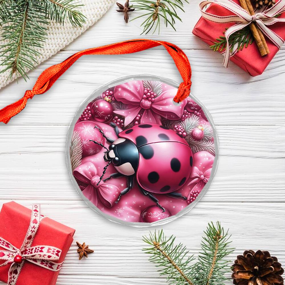 Ladybug Pink Christmas Design 2 Glass Ornament