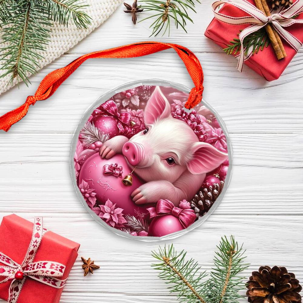 Pig Pink Christmas Design 4 Glass Ornament