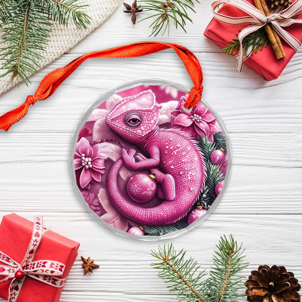 Chameleon Pink Christmas Design 2 Glass Ornament