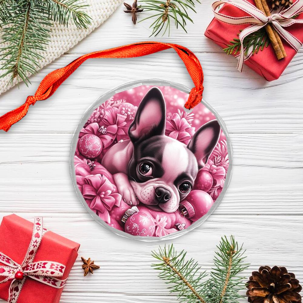 Boston Terrier Dog Pink Christmas Design 2 Glass Ornament