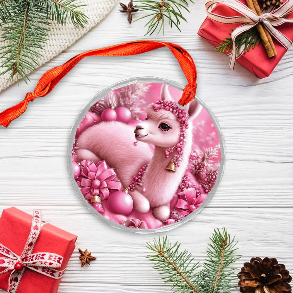 Alpaca Pink Christmas Design 2 Glass Ornament