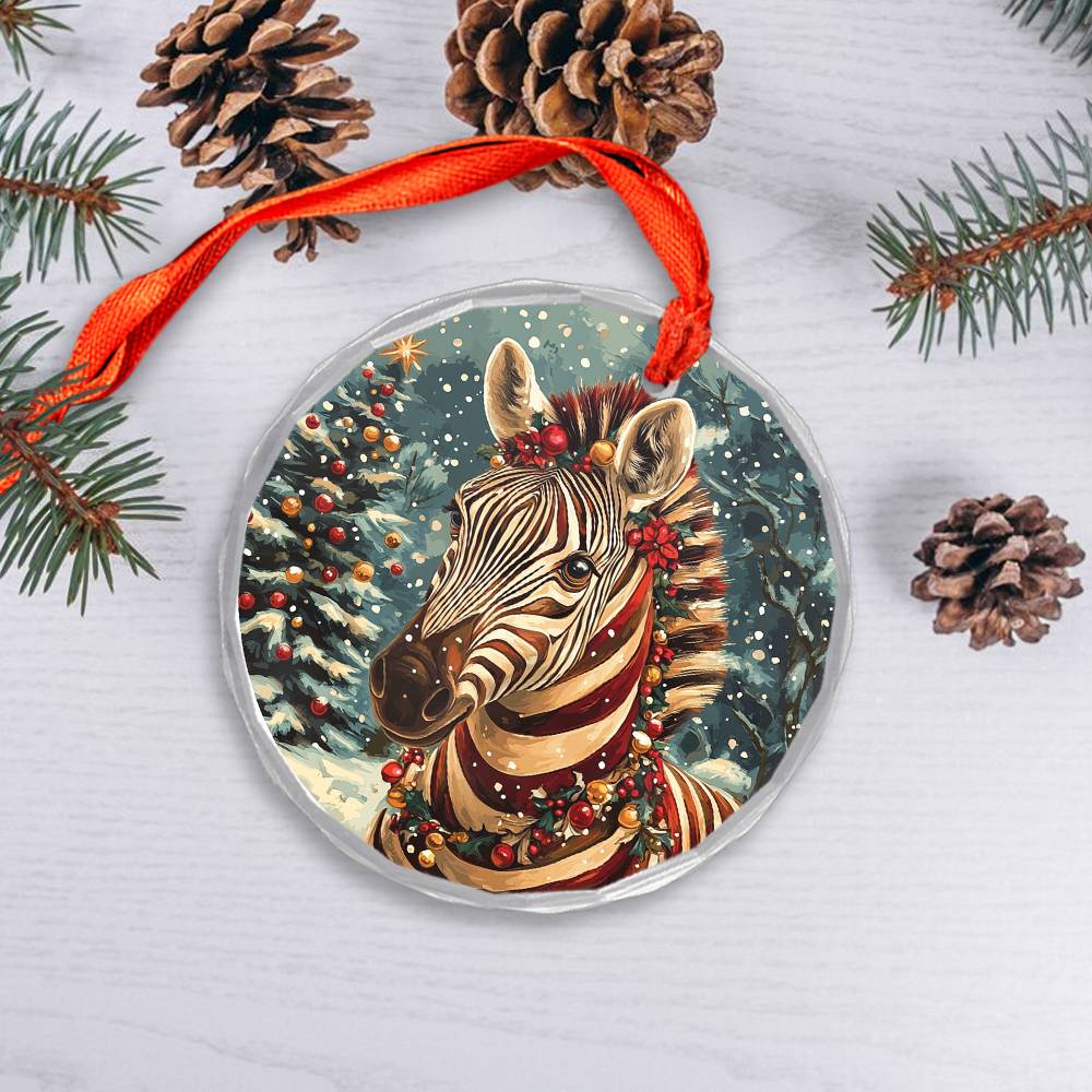 Beautiful Zebra Christmas Night Design 4 Glass Ornament