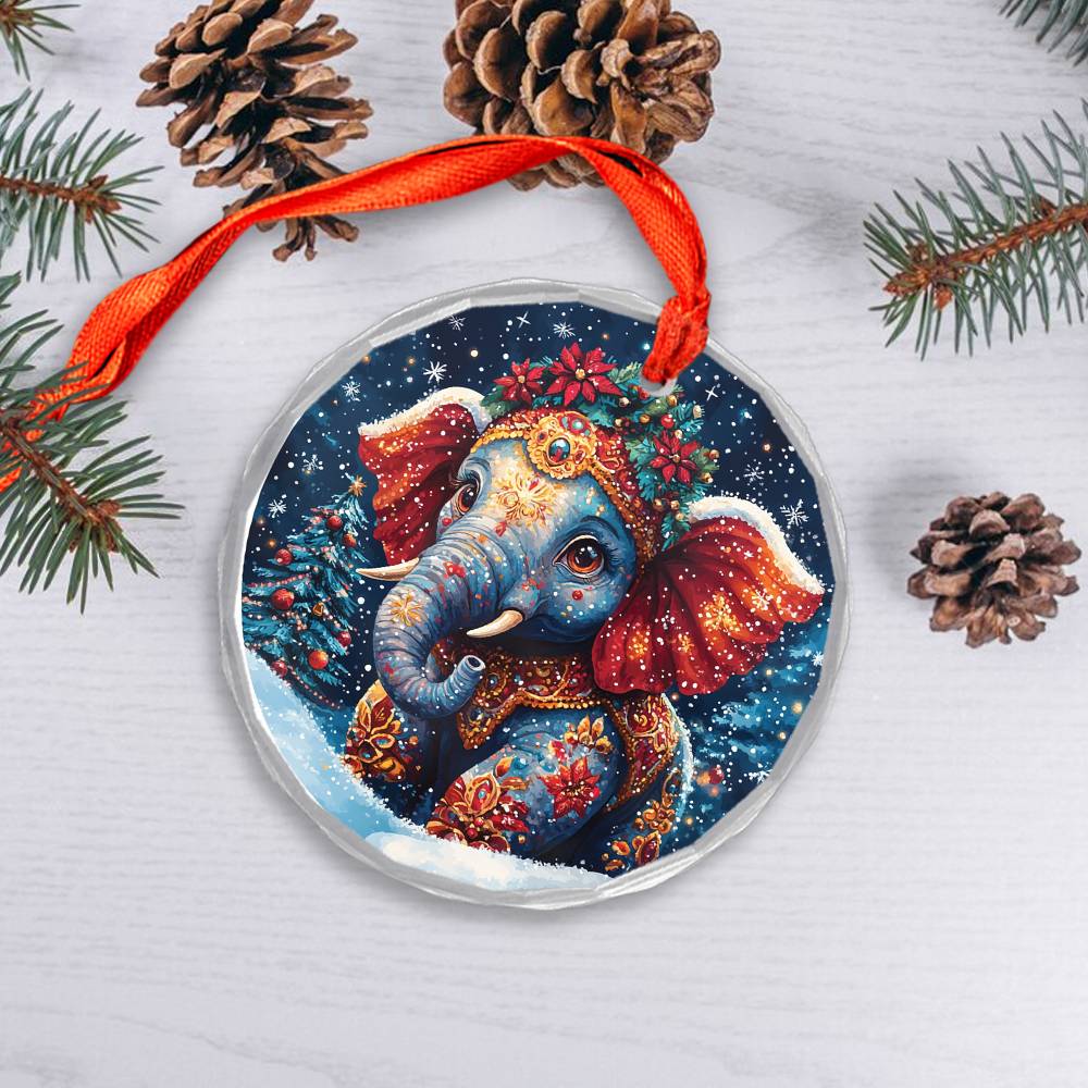 Beautiful Elephant Christmas Night Design 1 Glass Ornament