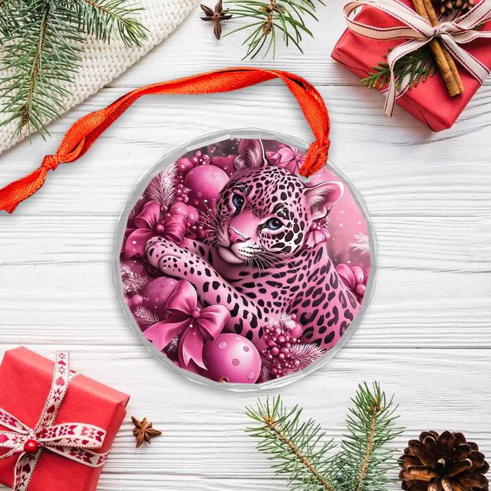 Jaguar Pink Christmas Design 4 Glass Ornament