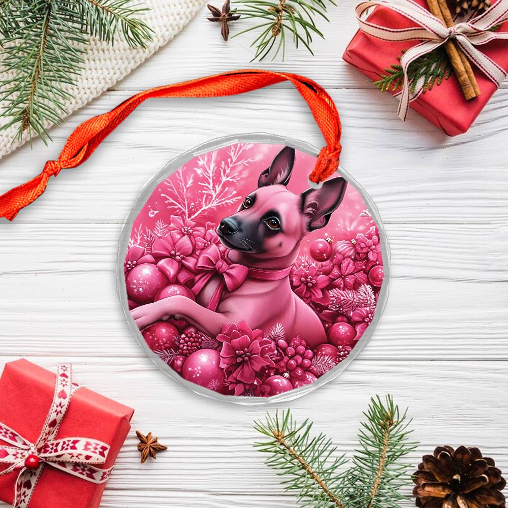 Belgian Malinoi Dog Pink Christmas Design 2 Glass Ornament