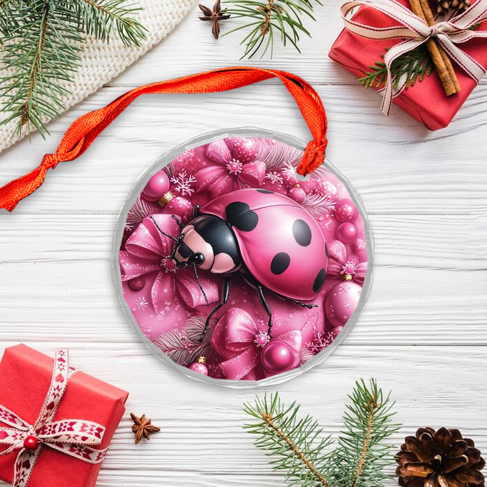 Ladybug Pink Christmas Design 3 Glass Ornament