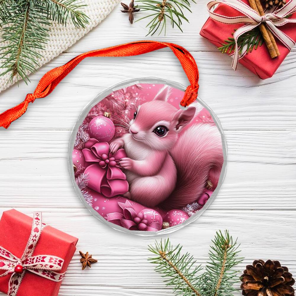 Squirrel Pink Christmas Design 2 Glass Ornament