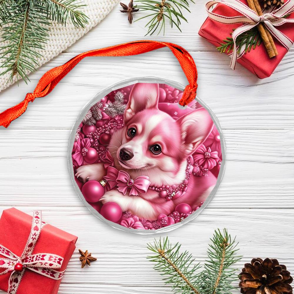 Pembroke Welsh Corgi Dog Pink Christmas Design 4 Glass Ornament