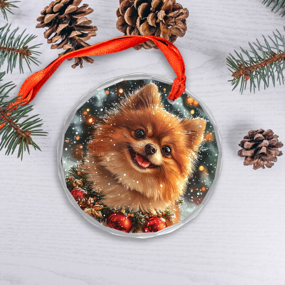 Beautiful Angus Pomeranian Dog Christmas Night Design 4 Glass Ornament