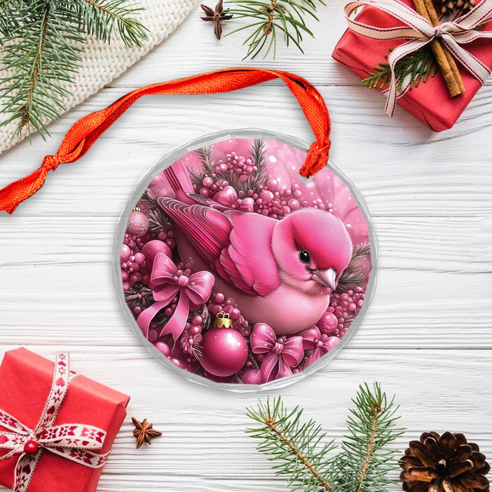 Finch Pink Christmas Design 1 Glass Ornament