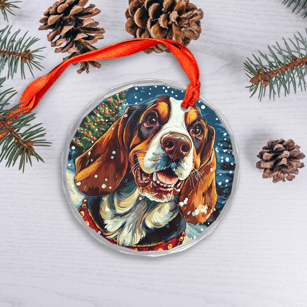 Beautiful Bassett Hound Dog Christmas Night Design 2 Glass Ornament