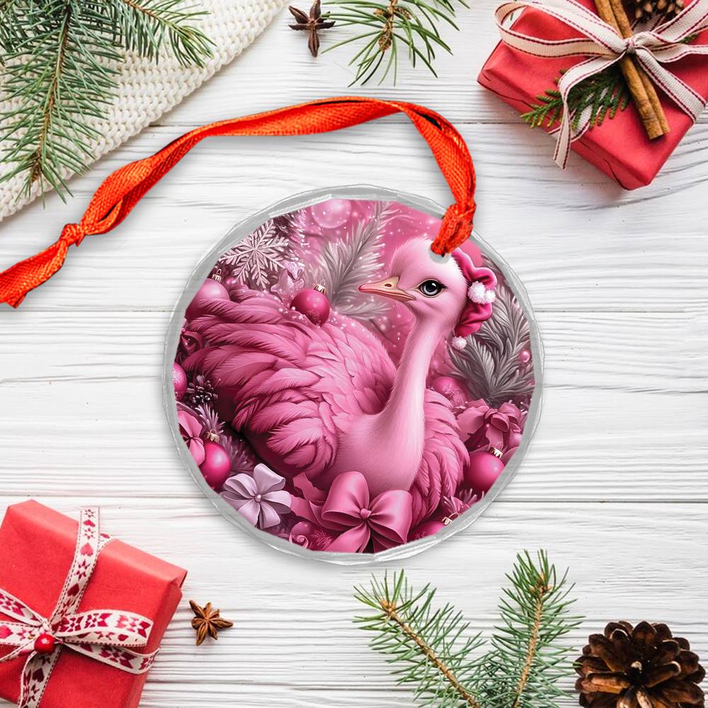 Ostrich Pink Christmas Design 3 Glass Ornament