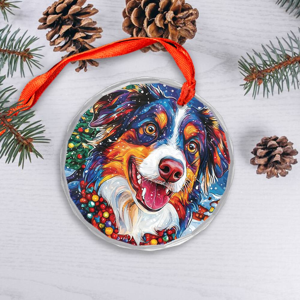 Beautiful Angus Australian Shepherd Dog Christmas Night Design 1 Glass Ornament