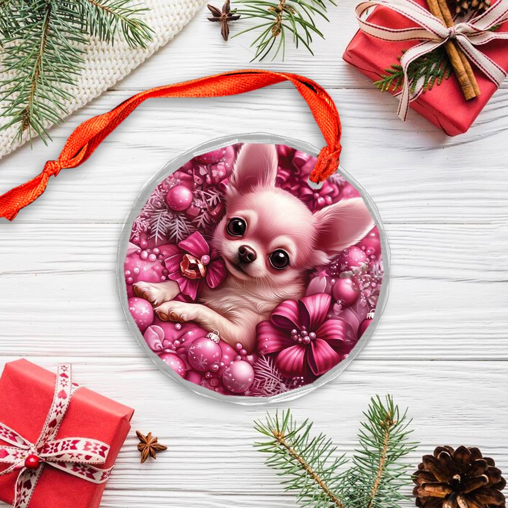 Chihuahua Dog Pink Christmas Design 4 Glass Ornament