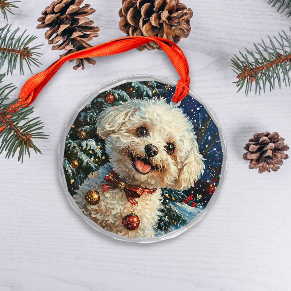 Beautiful Bichon Frise Dog Christmas Night Design 1 Glass Ornament