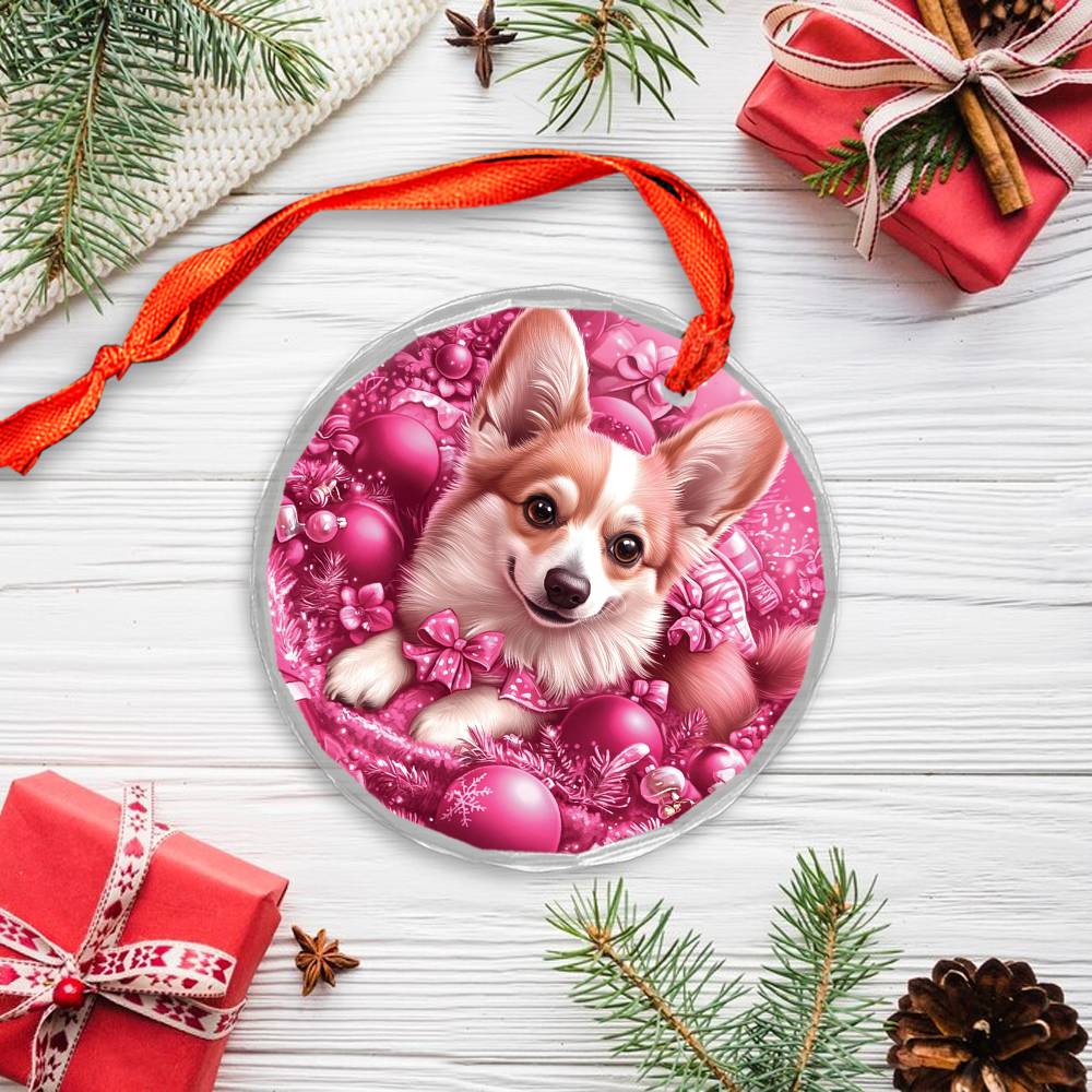 Pembroke Welsh Corgi Dog Pink Christmas Design 1 Glass Ornament