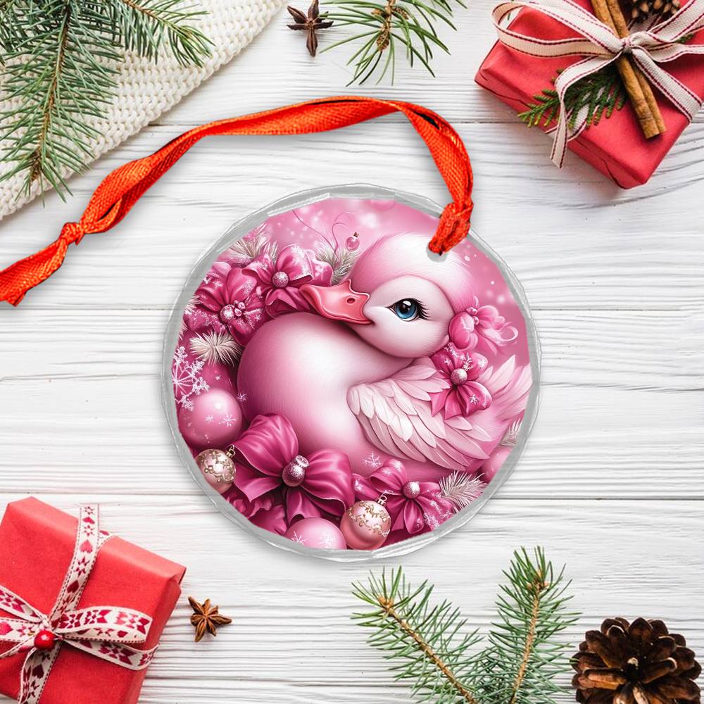Duck Pink Christmas Design 3 Glass Ornament
