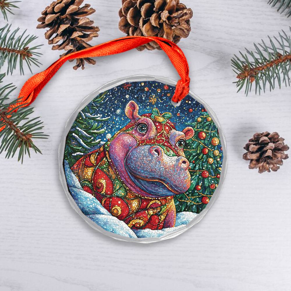 Beautiful Hippo Christmas Night Design 2 Glass Ornament