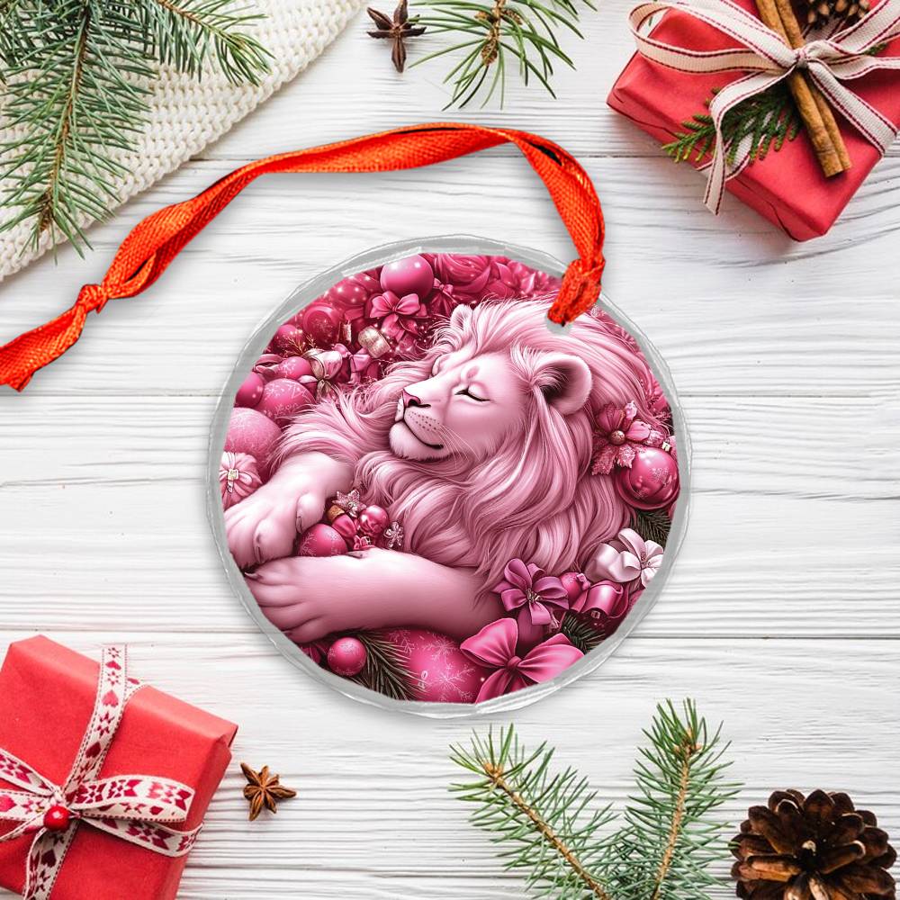 Lion Pink Christmas Design 2 Glass Ornament